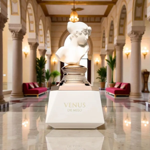 Parfum de damă Venus De Milo French Avenue, sticlă albă mată cu design statuar și detalii aurii.