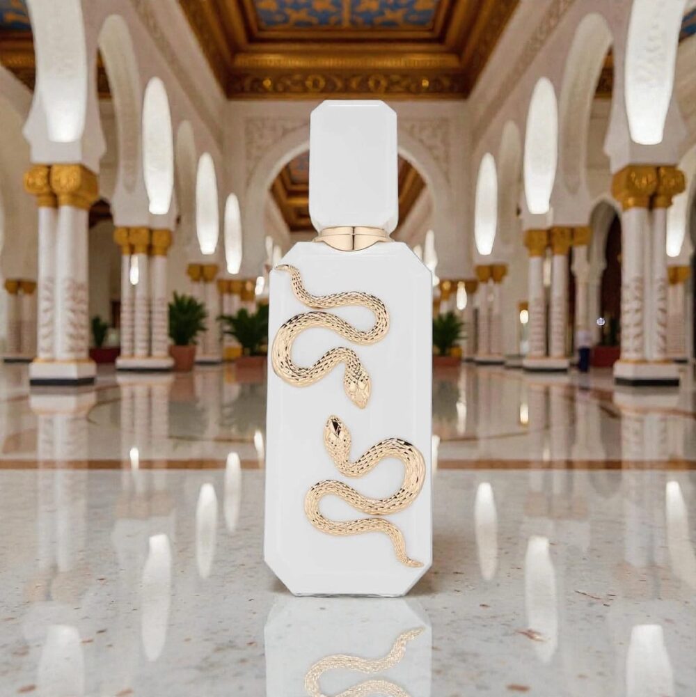 Parfum arabesc Veneno Bianco de la French Avenue 100ml, flacon elegant alb inspirat din estetica solară.