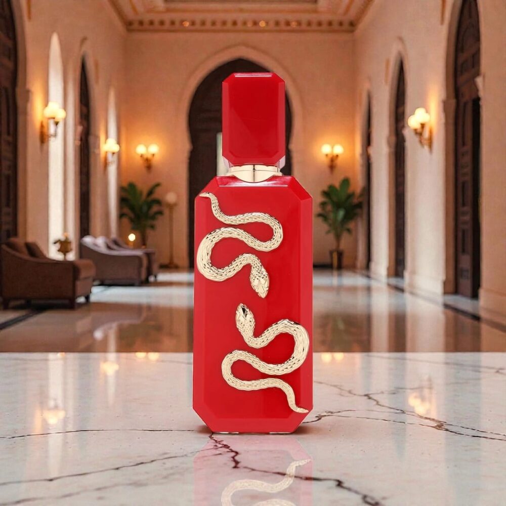 Parfum arabesc Veneno Scarlet de la French Avenue 100ml, flacon cu design roșu inspirat din colecția Serpent.